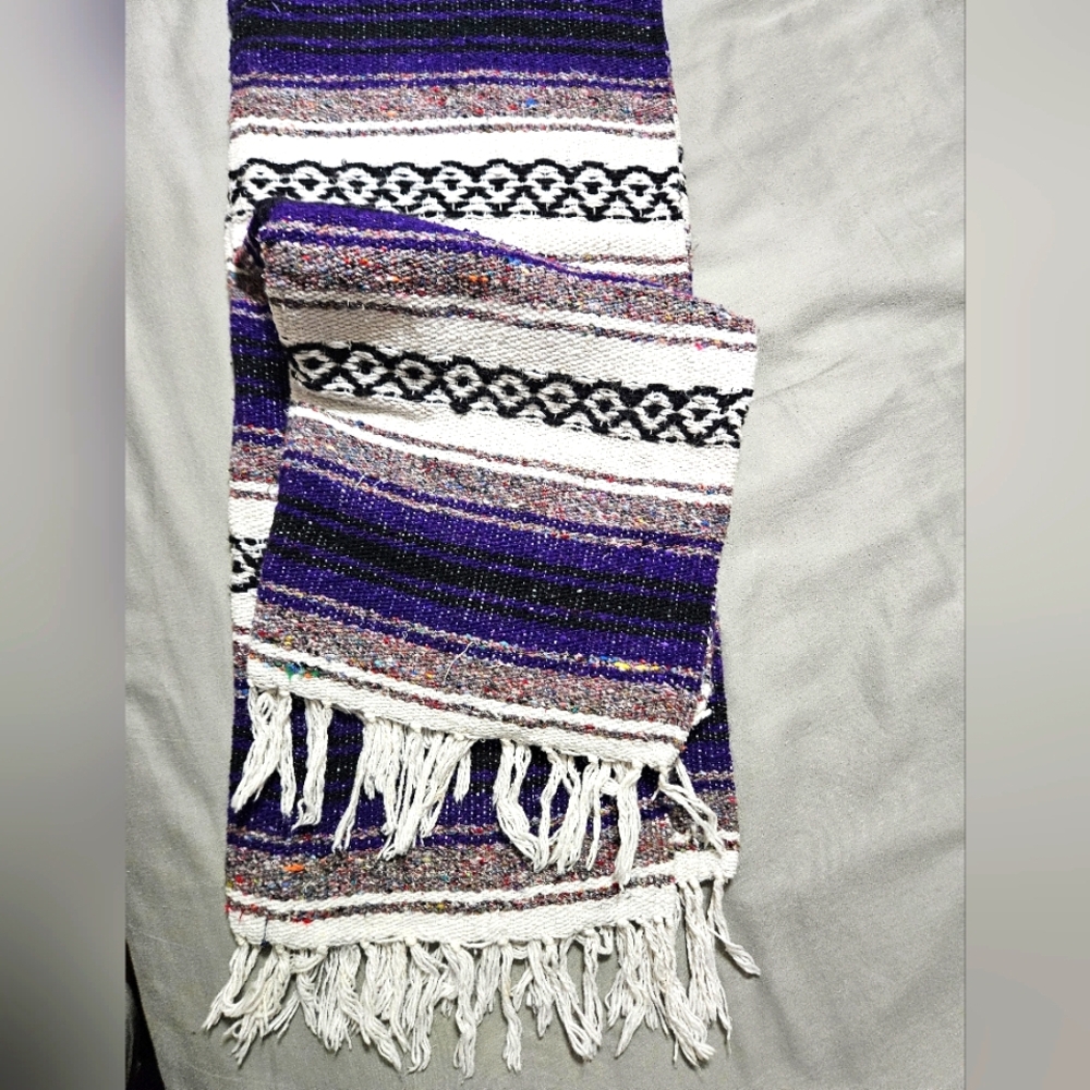 Purple and White Striped Mexican Blanket with Fringe